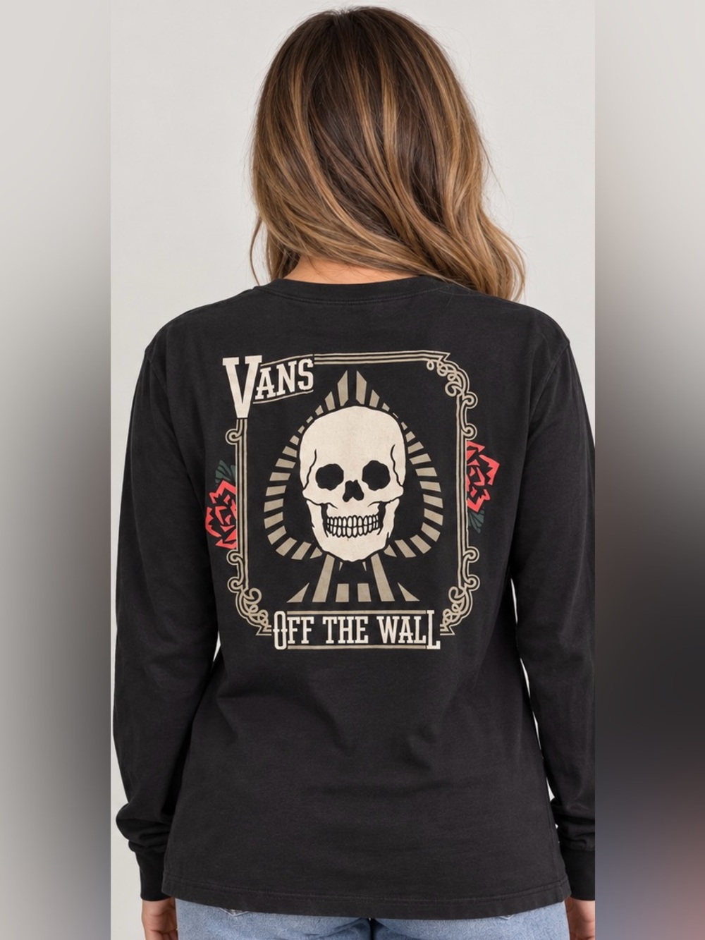 Vans Black Long-Sleeve Tee with Cream Skull & Red Rose Art